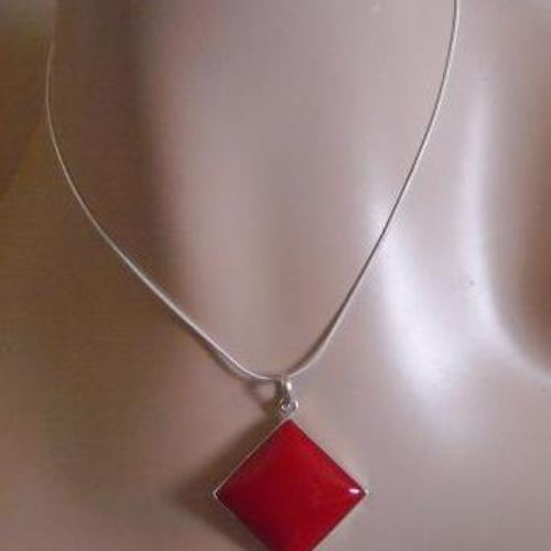 Large Red Coral pendant necklace, Square silver pendant jewelry