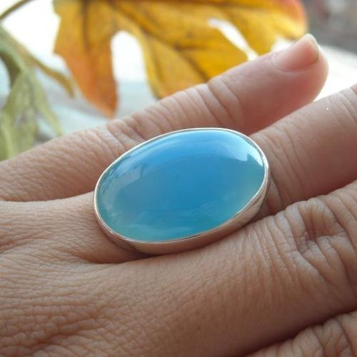 Large oval aqua blue chalcedony ring, Big bold cab silver ring