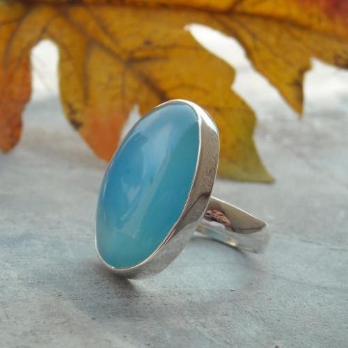 Large oval aqua blue chalcedony ring, Big bold cab silver ring