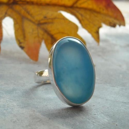 Large oval aqua blue chalcedony ring, Big bold cab silver ring