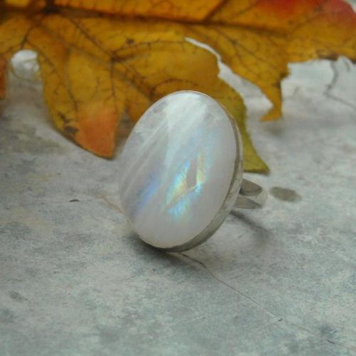 Large oval rainbow moonstone ring, Artisan sterling silver ring