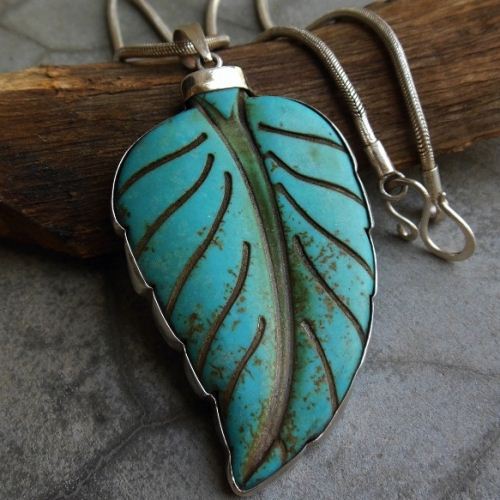 Large turquoise pendant chain, Sterling silver turquoise pendant