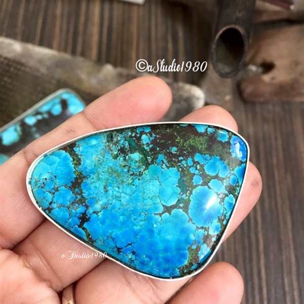 Large turquoise pendant necklace, Artisan silver jewelry