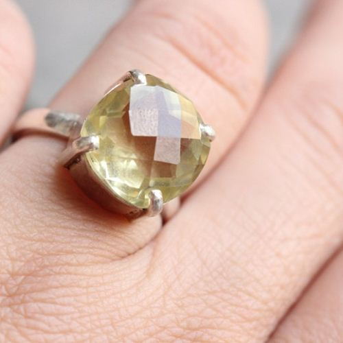 Lemon quartz ring, Natural gemstone silver ring, Yellow ring