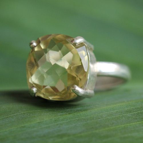 Lemon quartz ring, Natural gemstone silver ring, Yellow ring