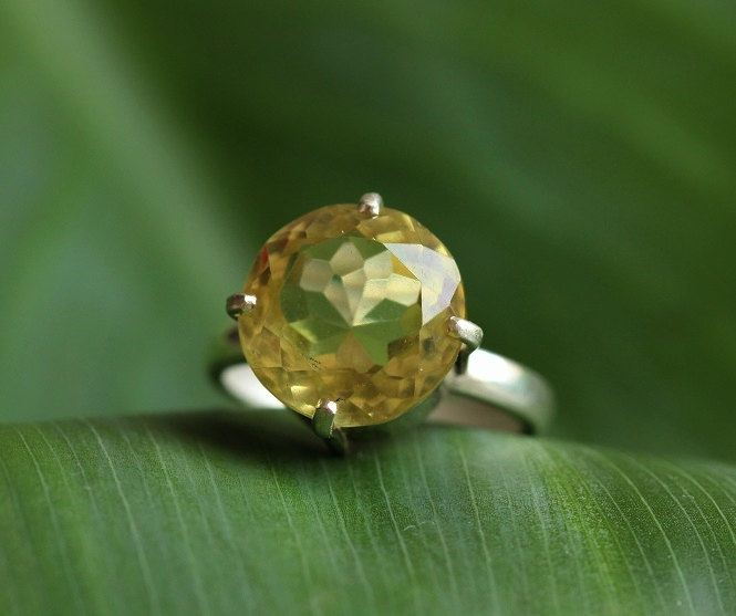 Lemon quartz ring, Natural gemstone ring, Round silver ring