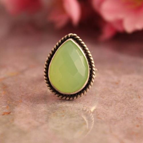Lime green ring, Green Chalcedony silver ring, Artisan tear drop ring