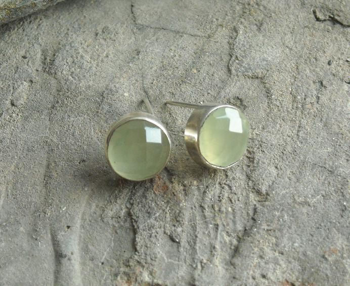 Lime green stud earrings, Prehnite earrings, Silver ear studs