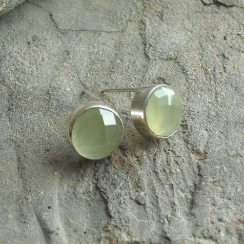 Lime green stud earrings, Prehnite earrings, Silver ear studs