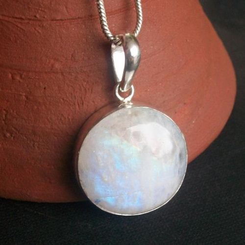 Rainbow moonstone pendant necklace chain, Round silver pendant