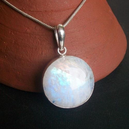 Rainbow moonstone pendant necklace chain, Round silver pendant