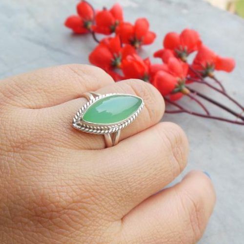 Marquise ring, Sea foam green ring, Unique Chalcedony silver ring