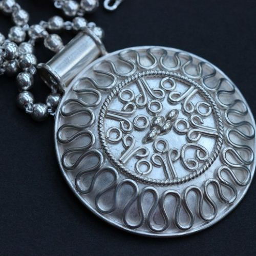 Medallion necklace, Ethnic pendant, Bold round silver pendant