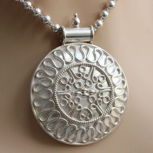 Medallion necklace, Ethnic pendant, Bold round silver pendant