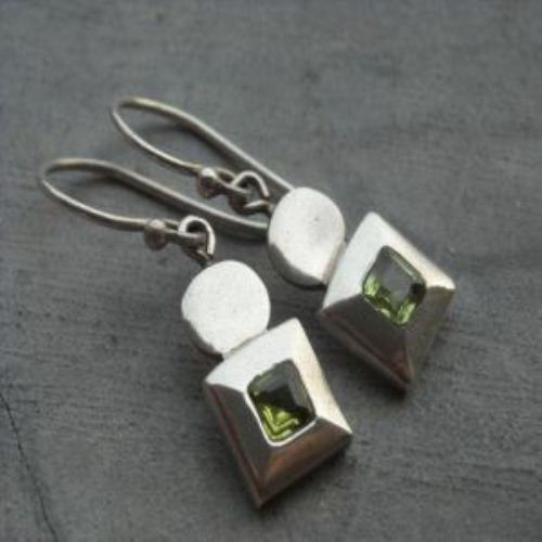 Modern handmade square peridot sterling silver earrings