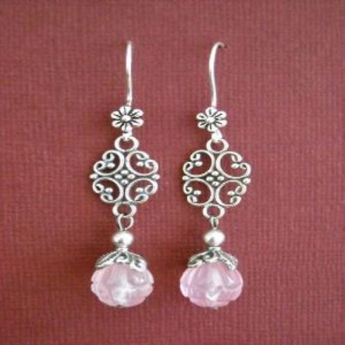 Mom Inspired by love rose quartz  sterling silver earrings