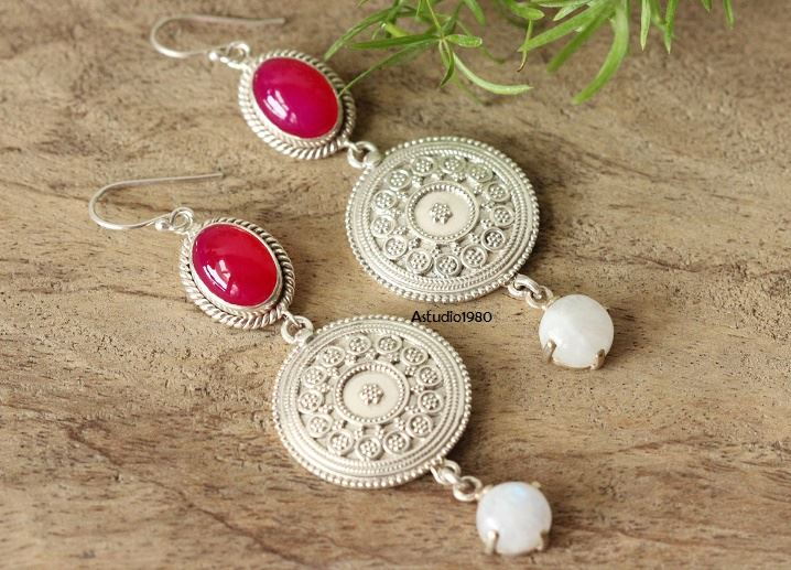 Pink Moonstone chalcedony ethnic artisan silver earrings