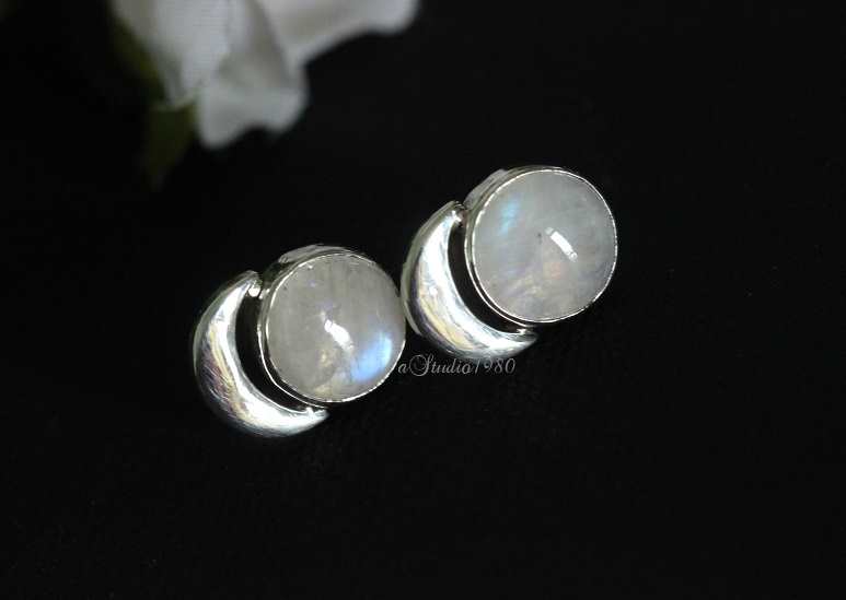 My moon handmade silver rainbow moonstone studs Earrings