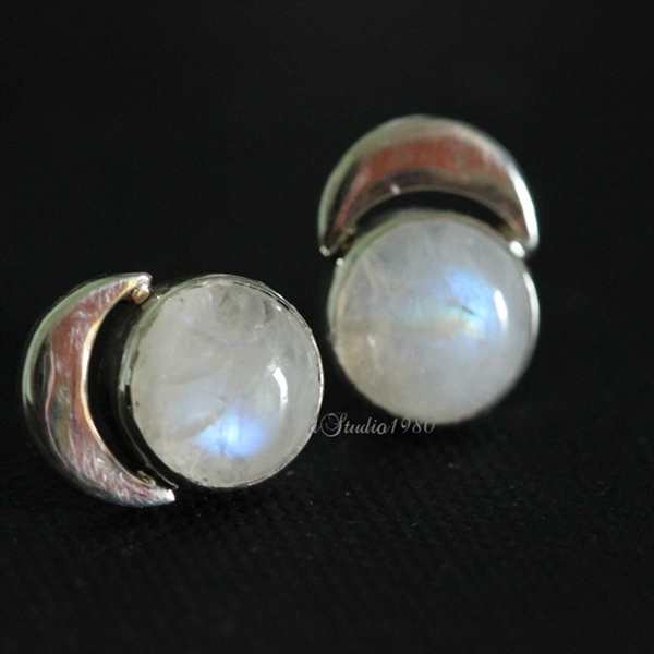 My moon handmade silver rainbow moonstone studs Earrings