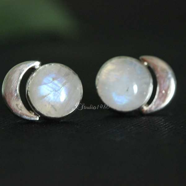 My moon handmade silver rainbow moonstone studs Earrings