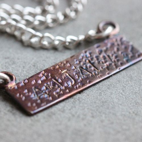 Name pendant, Rainbow Patina OOAK, Personalized stamped