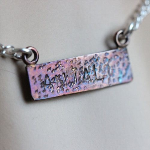 Name pendant, Rainbow Patina OOAK, Personalized stamped