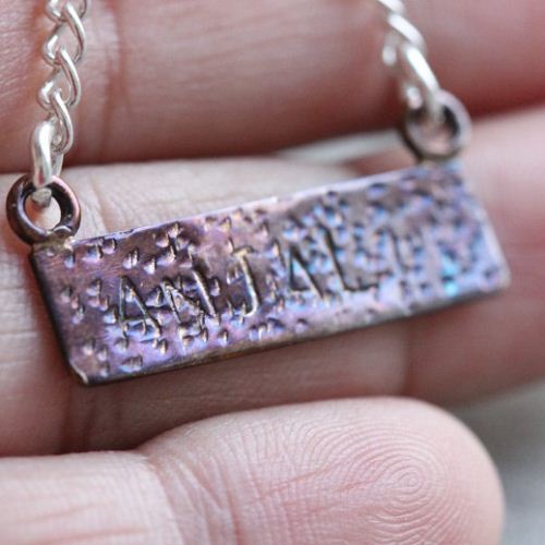 Name pendant, Rainbow Patina OOAK, Personalized stamped