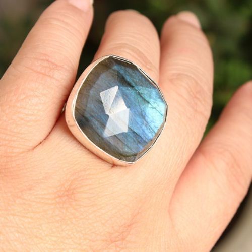Natural Labradorite Ring, Bold cushion square ring, Silver ring 