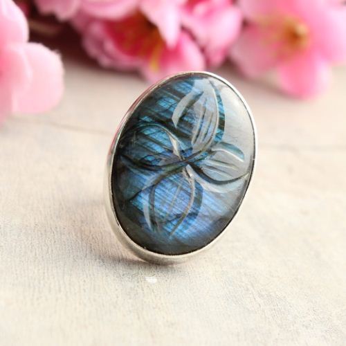Natural Labradorite Ring Carved ring