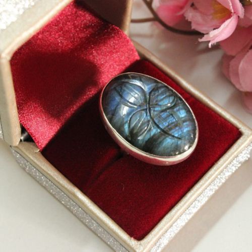 Natural Labradorite Ring, Carved ring silver jewelry