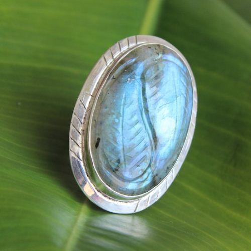 Natural Labradorite Ring, Carved ring, Blue gemstone silver ring