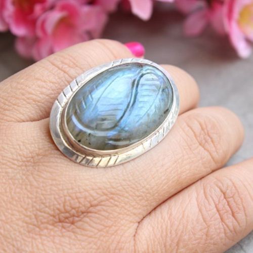Natural Labradorite Ring, Carved ring, Blue gemstone silver ring