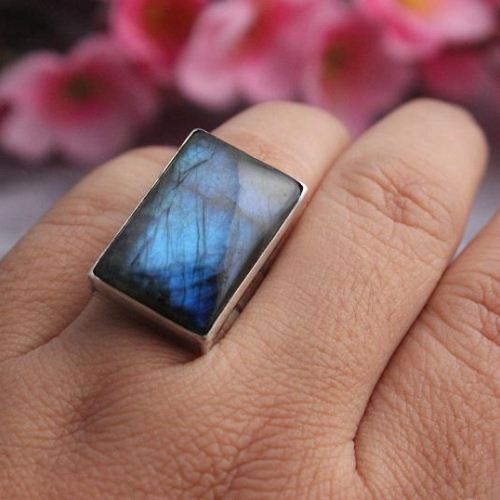 Natural Labradorite Ring - Rectangle ring - Silver Labradorite ring
