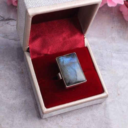 Natural Labradorite Ring - Rectangle ring - Silver Labradorite ring