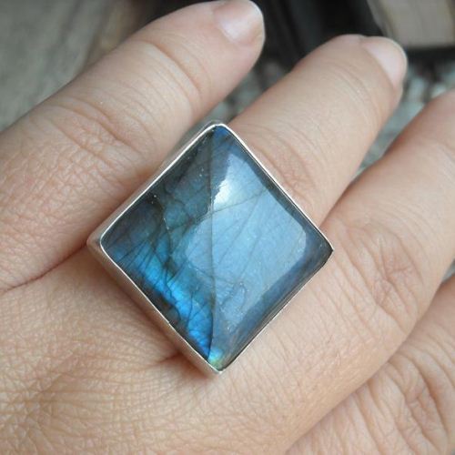 Natural Labradorite Ring, Square ring, Unique silver ring
