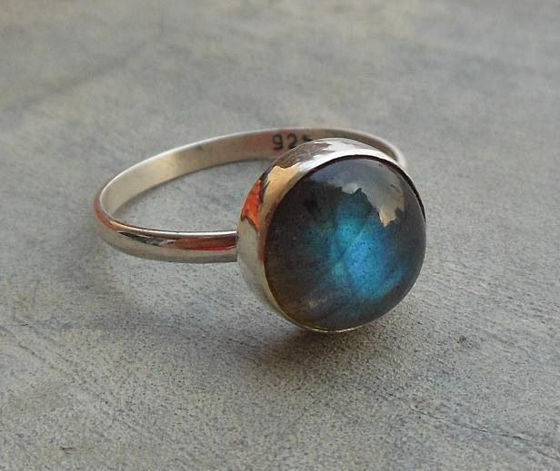 Natural Labradorite Ring - 10mm round blue silver ring, Gift