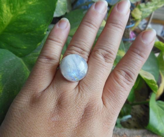 Natural Moonstone Ring, Round ring, Silver cabochon ring