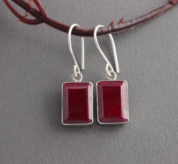 Natural Ruby earrings, Rectagular earrings, Silver earrings, July stone