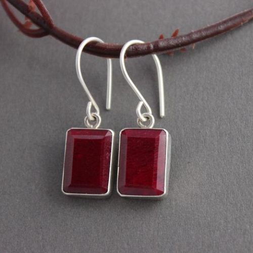 Natural Ruby earrings, Rectagular earrings, Silver earrings, July stone