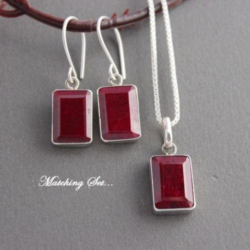 Natural Ruby earrings, Rectagular earrings, Silver earrings, July stone
