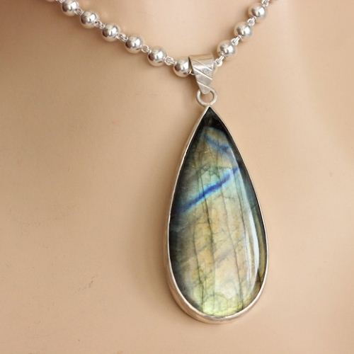 Natural labradorite pendant necklace, Blue flash stone silver  pendant