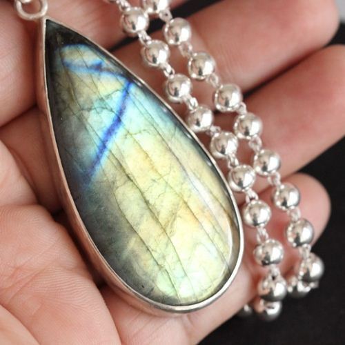 Natural labradorite pendant necklace, Blue flash stone silver  pendant