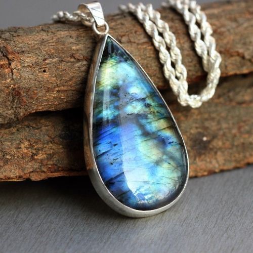 Natural labradorite pendant necklace, Statement silver pendant chain
