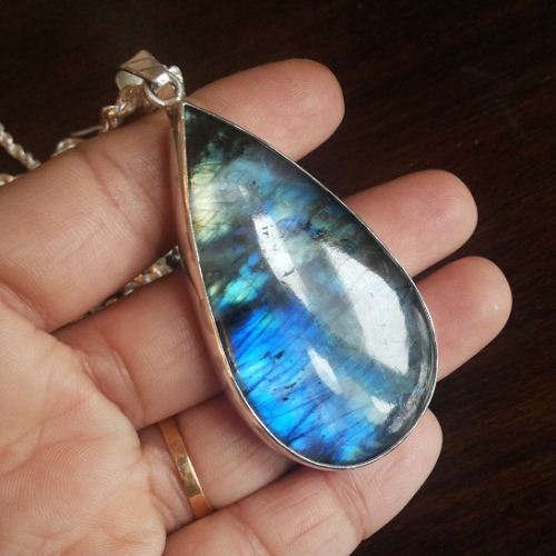 Natural labradorite pendant necklace, Statement silver pendant chain
