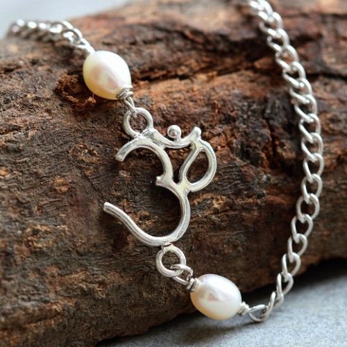 OM pearl bracelet, Artisan handmade sterling silver bracelet