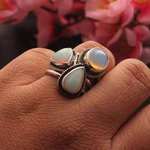 OOAK Genuine opal ring, Triangle opal silver ring