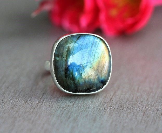 OOAK Labradorite Ring, Square cushion cut silver ring