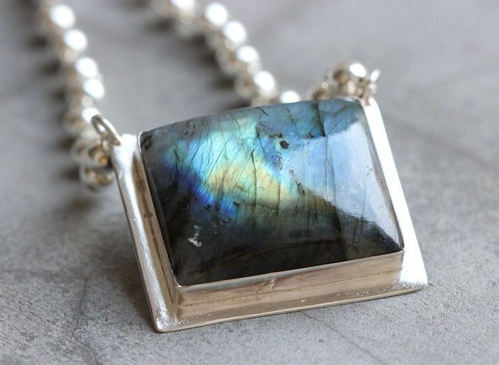 OOAK Labradorite pendant necklace, Silver rectangle pendant 