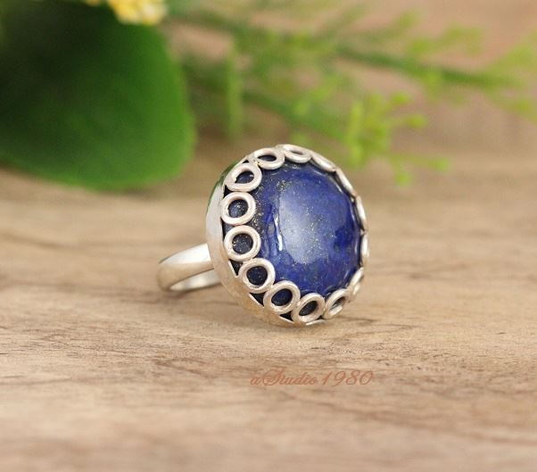 Handmade lapis ring, Handmade lapis lazuli silver statement ring