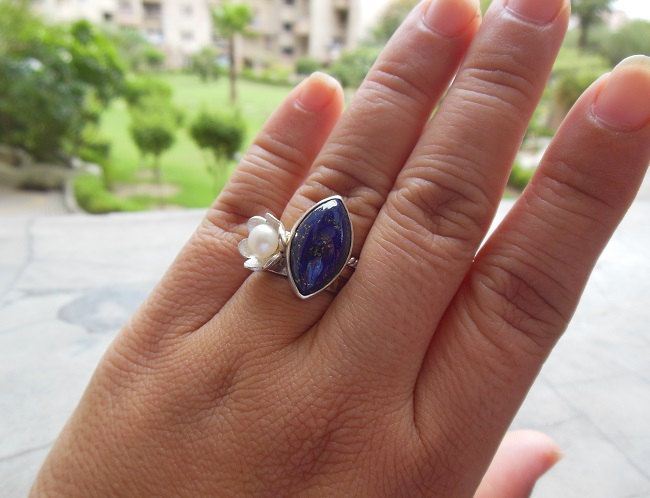 OOAK Lapis lazuli Ring - Pearl silver stack 3 rings